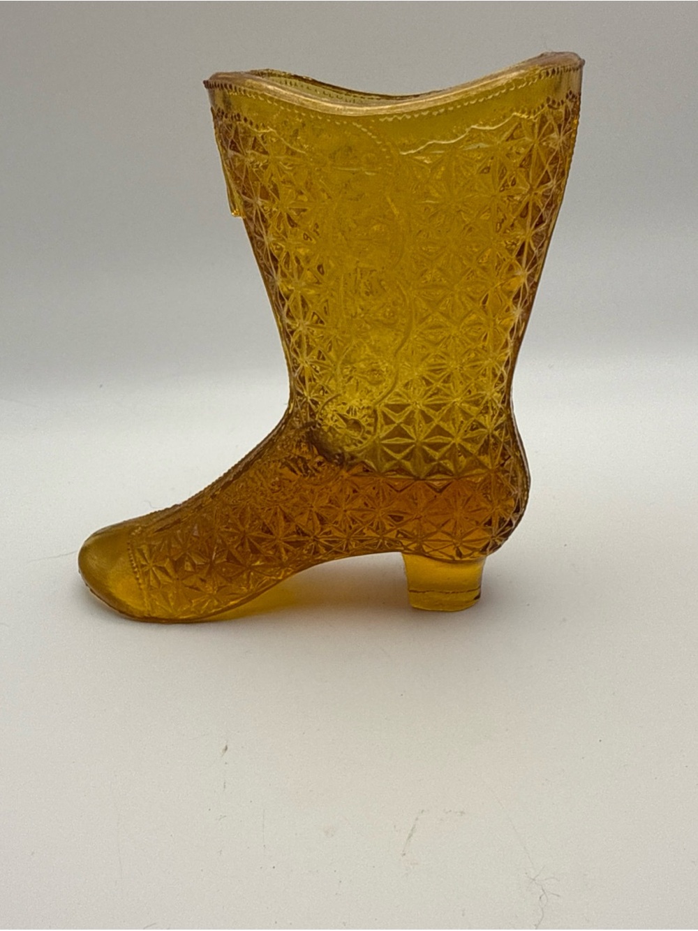 Vintage Mosser Amber Glass Boot 4 1/4" Fine Cut Diamond Pattern